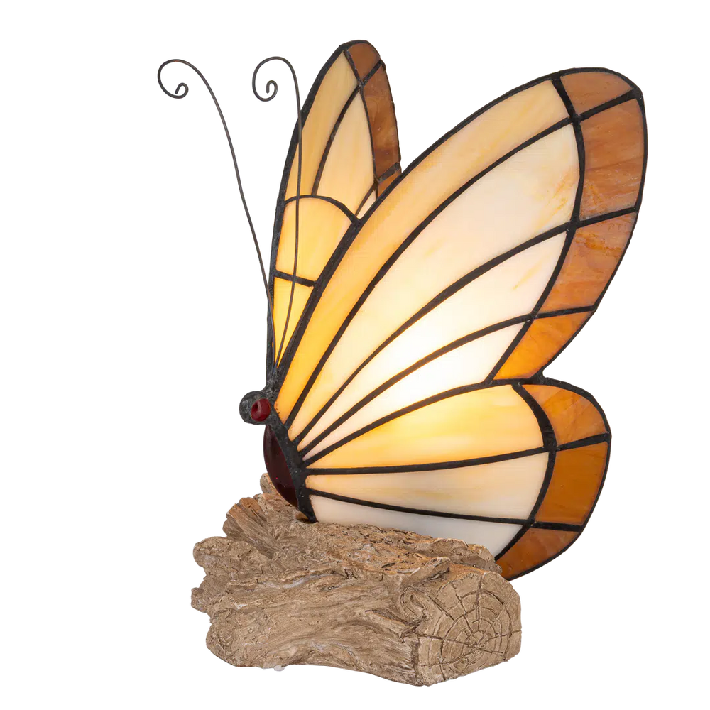 Tiffany vlinderlamp – Vlinder op Boomstronk in Amber & Crème – H 24 cm (Art. 8004)