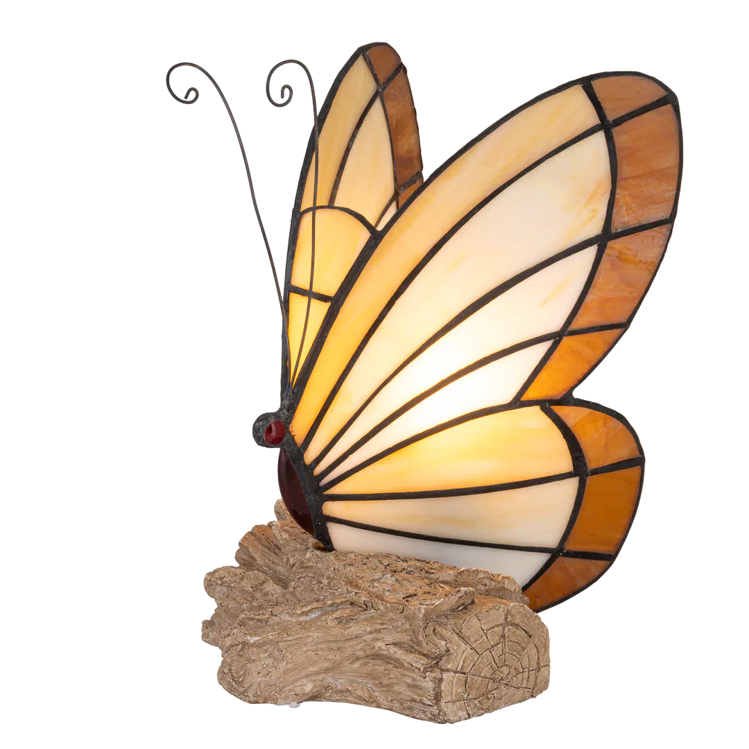 Roruvera Tiffany vlinderlamp met beige voet in boomstronkvorm van glas in lood in beige,- en bruintinten, brandend