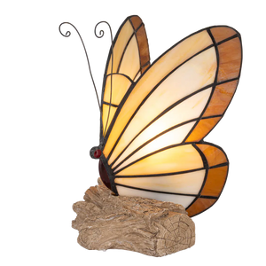 Tiffany vlinderlamp – Vlinder op Boomstronk in Amber & Crème – H 24 cm (Art. 8004)