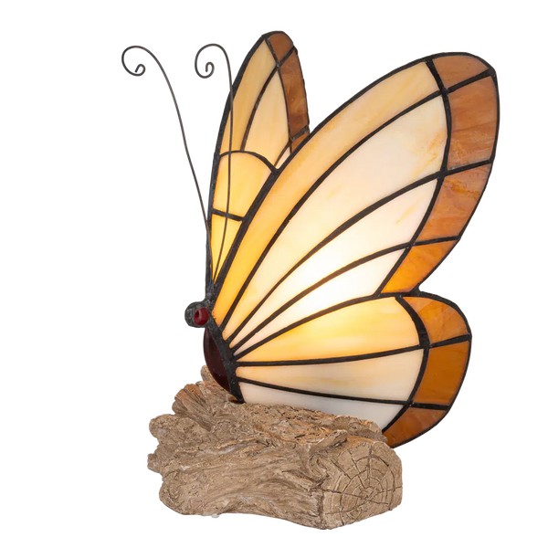 Tiffany vlinderlamp – Vlinder op Boomstronk in Amber & Crème – H 24 cm (Art. 8004)