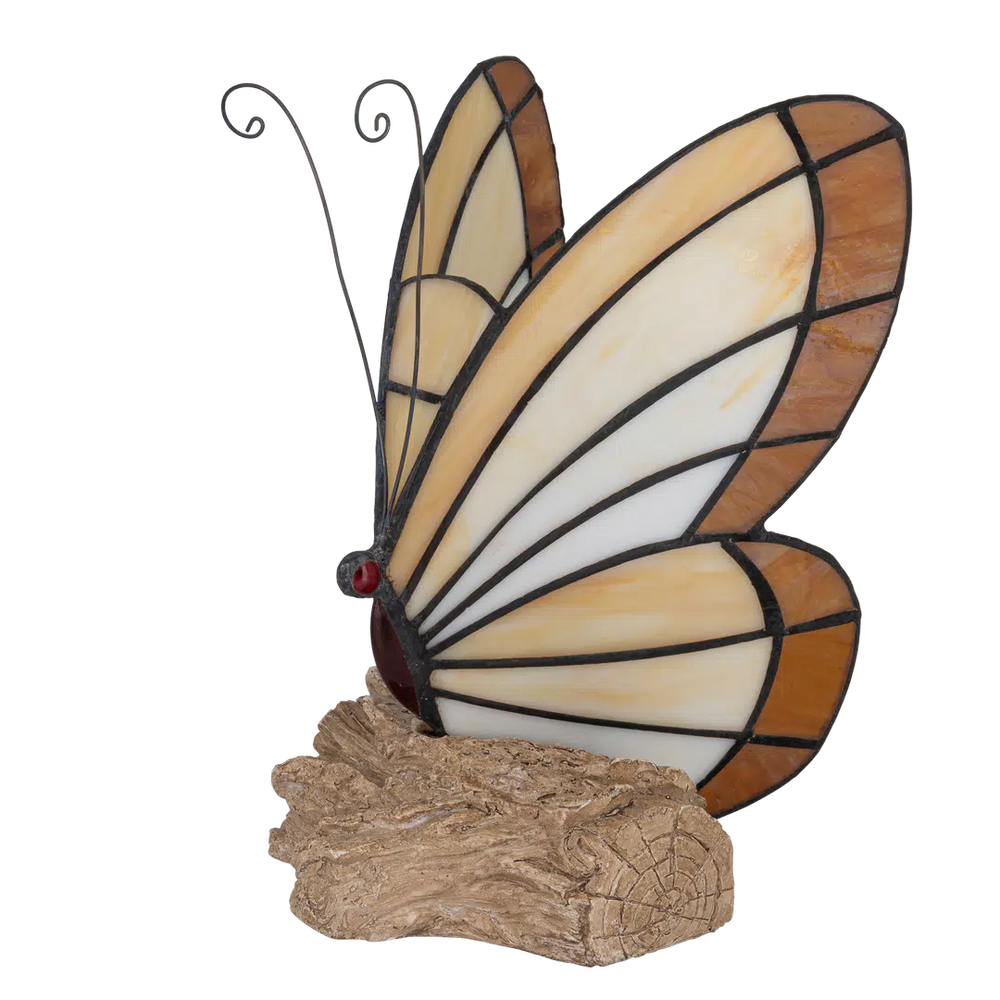 Tiffany vlinderlamp – Vlinder op Boomstronk in Amber & Crème – H 24 cm (Art. 8004)