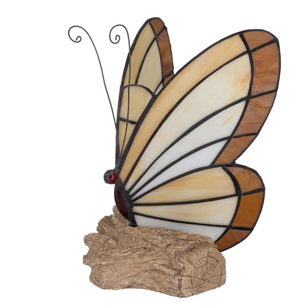 Tiffany vlinderlamp – Vlinder op Boomstronk in Amber & Crème – H 24 cm (Art. 8004)