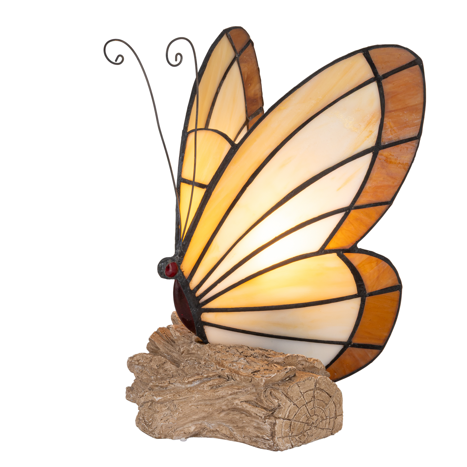 Tiffany vlinderlamp – Vlinder op Boomstronk in Amber & Crème – H 24 cm (Art. 8004)