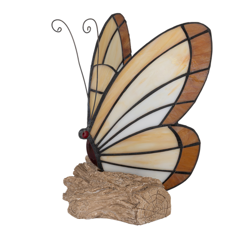 Tiffany vlinderlamp – Vlinder op Boomstronk in Amber & Crème – H 24 cm (Art. 8004)