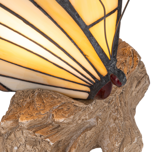 Tiffany vlinderlamp – Vlinder op Boomstronk in Amber & Crème – H 24 cm (Art. 8004)