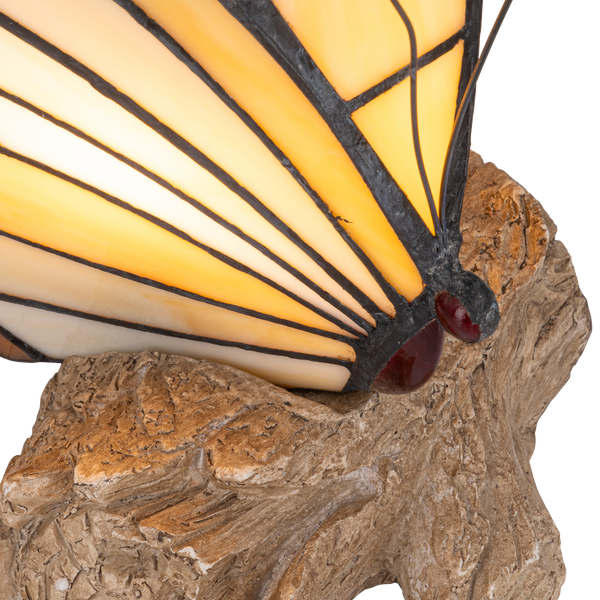 Tiffany vlinderlamp – Vlinder op Boomstronk in Amber & Crème – H 24 cm (Art. 8004)