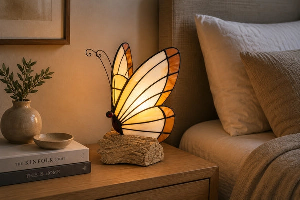 Tiffany vlinderlamp 8004 in crème en amber met boomstronkvoet op een houten nachtkastje naast het bed | RORUVERA