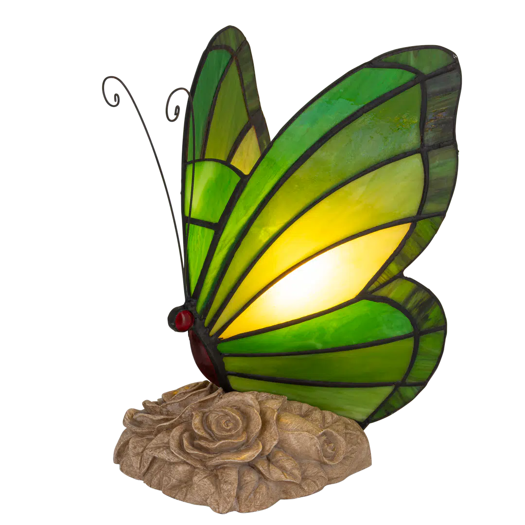 Roruvera Tiffany vlinderlamp met beige rozenreliëf voet van glas in lood in groentinten, brandend