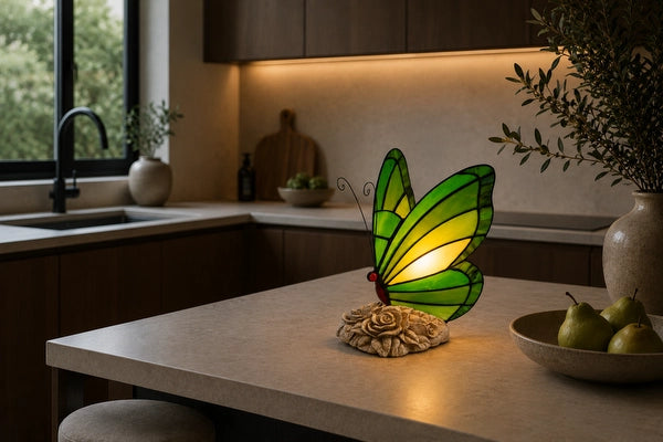 Tiffany vlinderlamp groen met lichte rozenvoet 8005 op een modern kookeiland in een stijlvolle keuken | RORUVERA