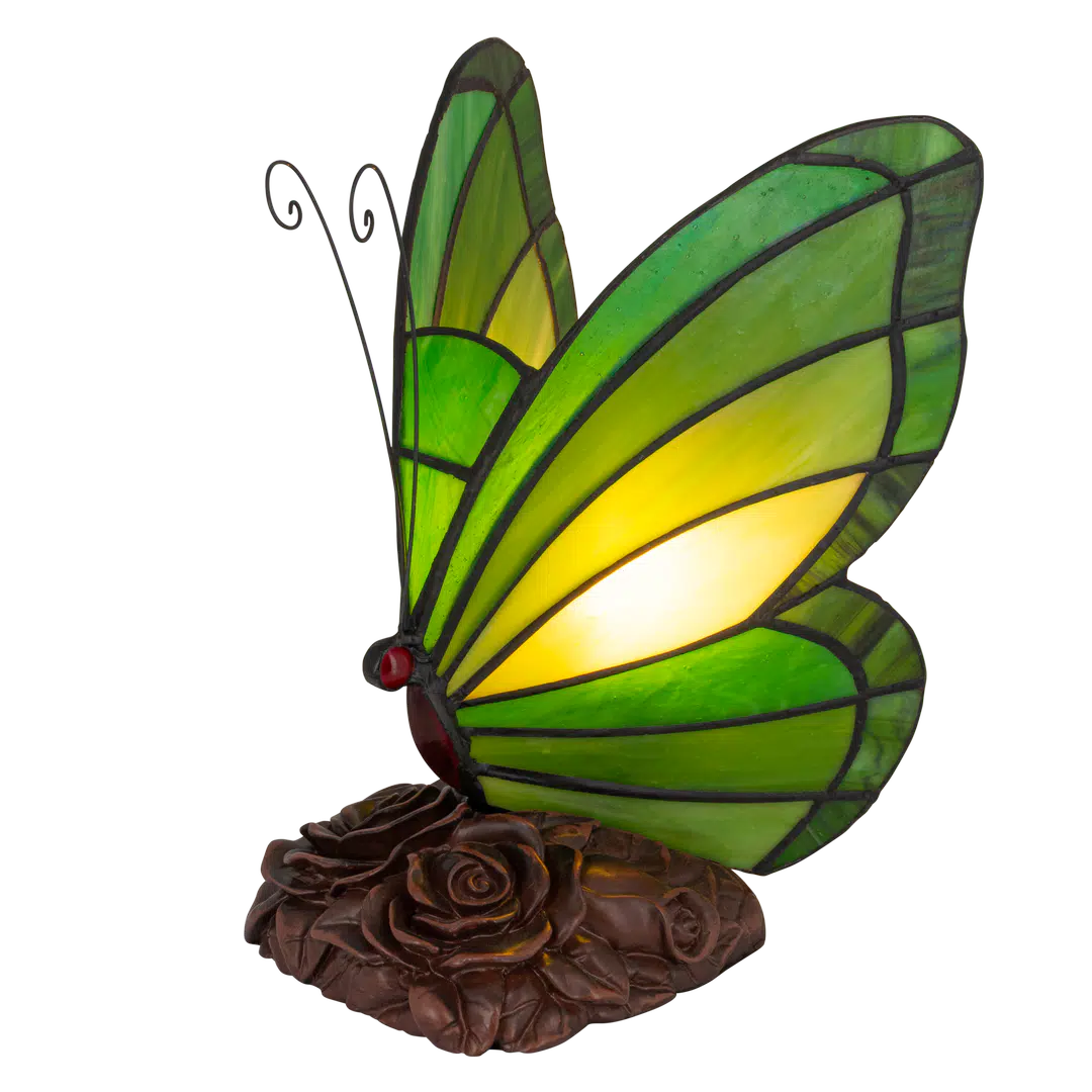 Roruvera Tiffany vlinderlamp met bronskleurige rozenreliëf voet van glas in lood in groentinten, brandend
