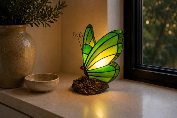 Tiffany vlinderlamp groen met donkere rozenvoet 8006 op een houten sidetable in een sfeervolle hal | RORUVERA