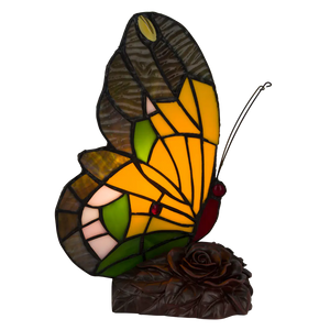 Tiffany vlinderlamp Hoge Donkere Vleugels – Geel, Oranje & Groen – H 23,5 cm (Art. 8007)