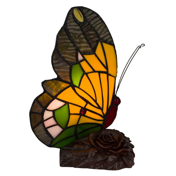Tiffany vlinderlamp Hoge Donkere Vleugels – Geel, Oranje & Groen – H 23,5 cm (Art. 8007)