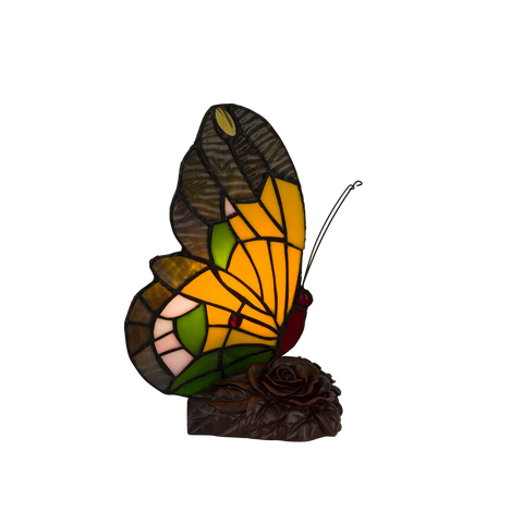 Tiffany vlinderlamp Hoge Donkere Vleugels – Geel, Oranje & Groen – H 23,5 cm (Art. 8007)