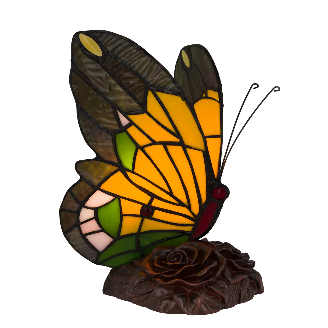 Tiffany vlinderlamp Hoge Donkere Vleugels – Geel, Oranje & Groen – H 23,5 cm (Art. 8007)