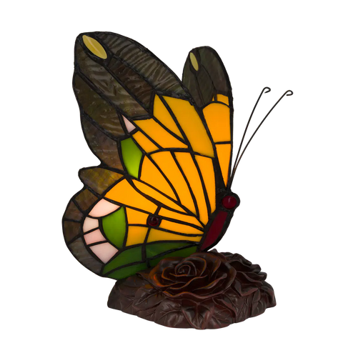 Tiffany Schmetterlingslampe mit hohen, dunklen Flügeln – Gelb, Orange & Grün – H 23,5 cm (Art. 8007)