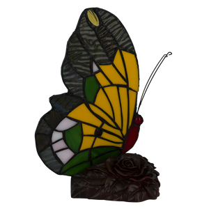 Tiffany vlinderlamp Hoge Donkere Vleugels – Geel, Oranje & Groen – H 23,5 cm (Art. 8007)