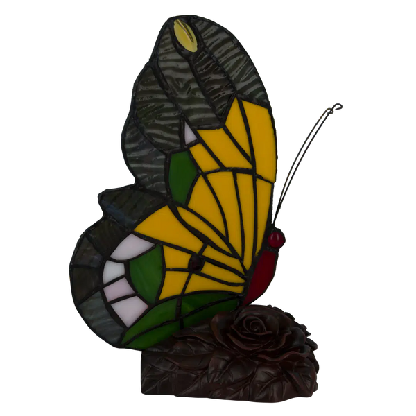 Tiffany vlinderlamp Hoge Donkere Vleugels – Geel, Oranje & Groen – H 23,5 cm (Art. 8007)