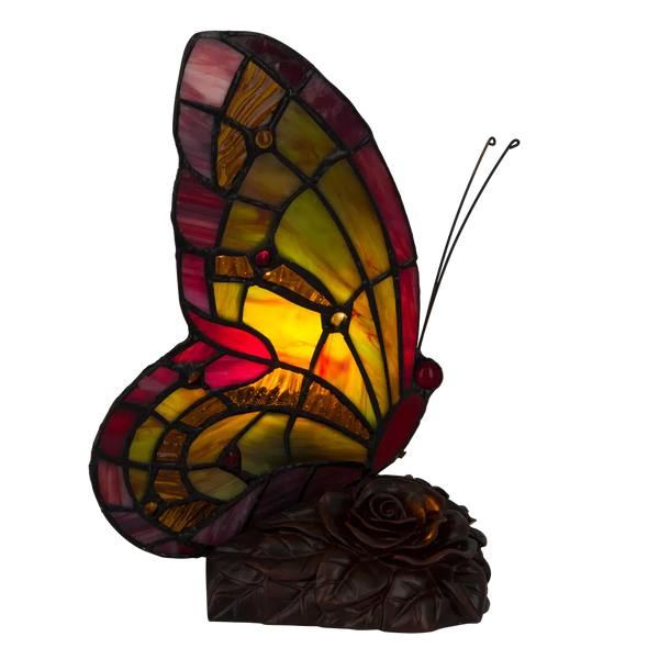 Tiffany vlinderlamp Rode Vleugelrand – Geel, Groen & Rood – H 22,5 cm (Art. 8008)