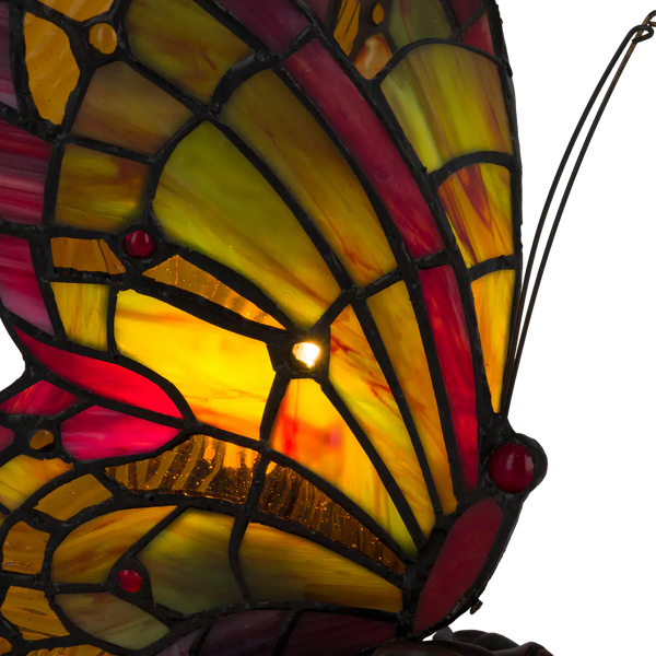 Tiffany vlinderlamp Rode Vleugelrand – Geel, Groen & Rood – H 22,5 cm (Art. 8008)