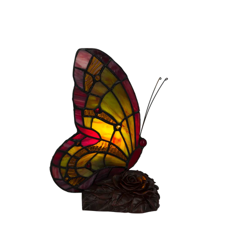 Tiffany vlinderlamp Rode Vleugelrand – Geel, Groen & Rood – H 22,5 cm (Art. 8008)