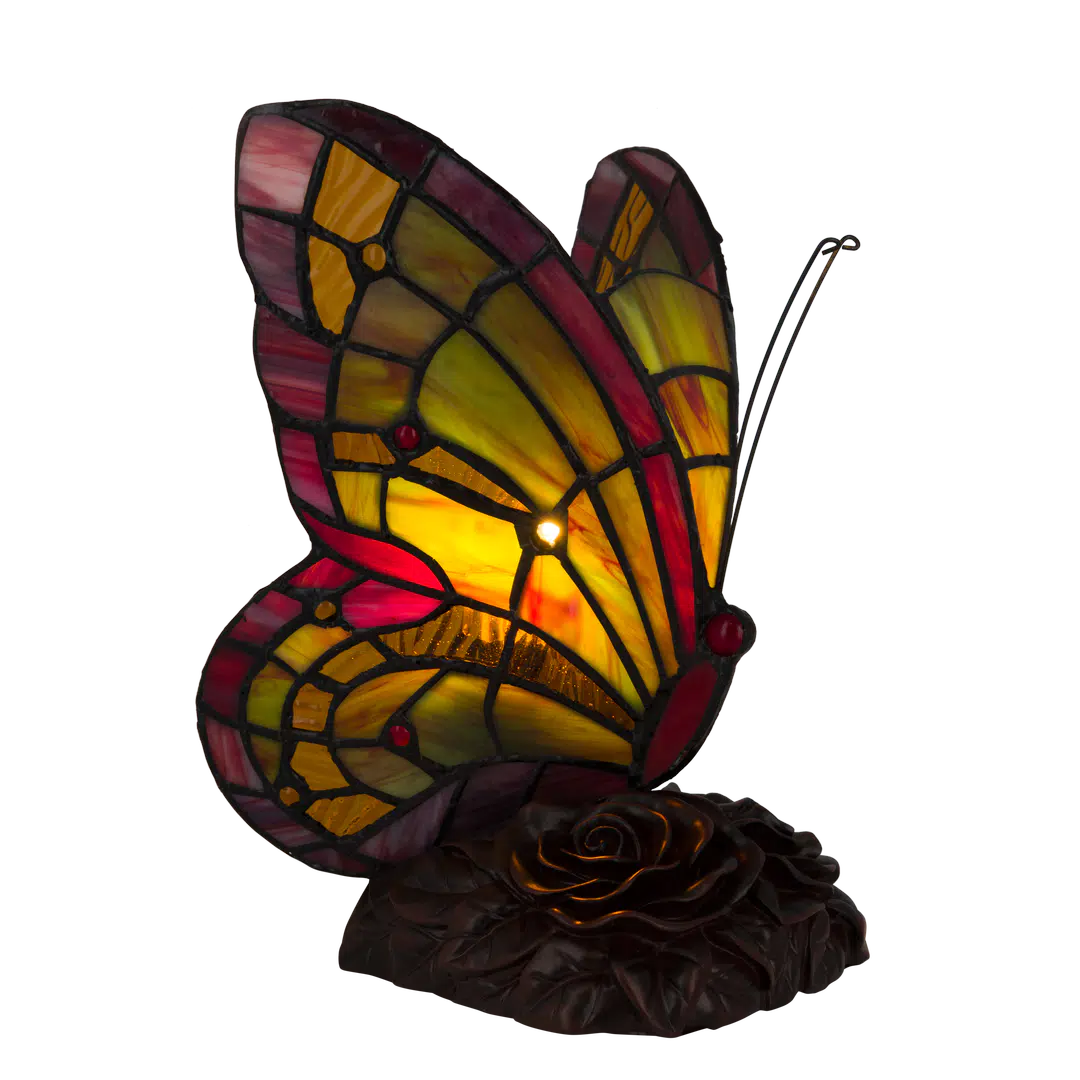 Tiffany vlinderlamp Rode Vleugelrand – Geel, Groen & Rood – H 22,5 cm (Art. 8008)