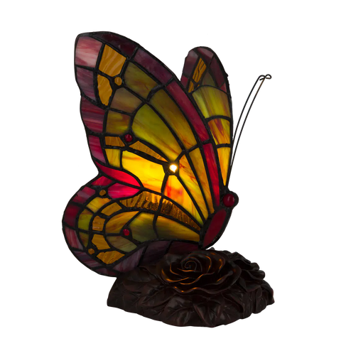 Tiffany Schmetterlingslampe mit rotem Flügelrand – Gelb, Grün & Rot – H 22,5 cm (Art. 8008)