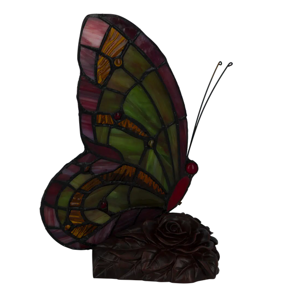 Tiffany vlinderlamp Rode Vleugelrand – Geel, Groen & Rood – H 22,5 cm (Art. 8008)