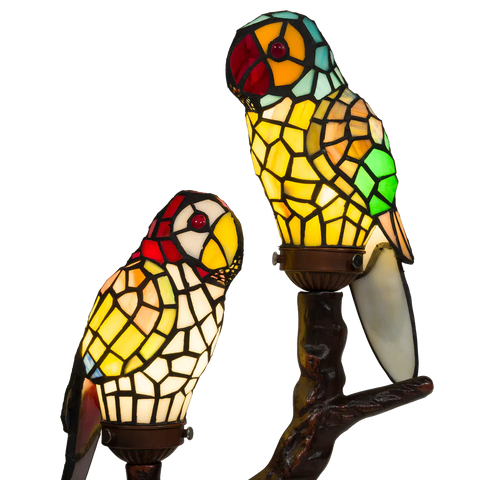 Tiffany dubbele papegaaienlamp op Boomstam – Geel, Rood & Groen – H 55 cm (Art. 8009)