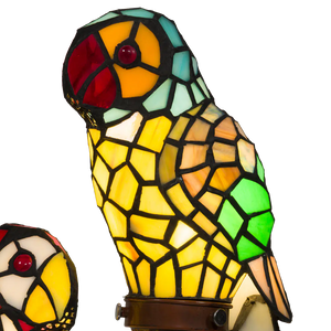 Tiffany dubbele papegaaienlamp op Boomstam – Geel, Rood & Groen – H 55 cm (Art. 8009)