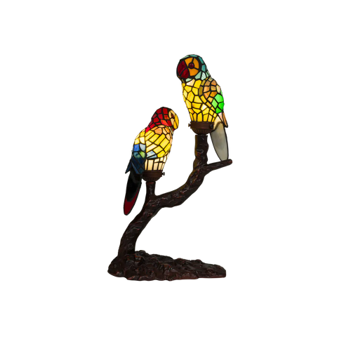 Tiffany dubbele papegaaienlamp op Boomstam – Geel, Rood & Groen – H 55 cm (Art. 8009)