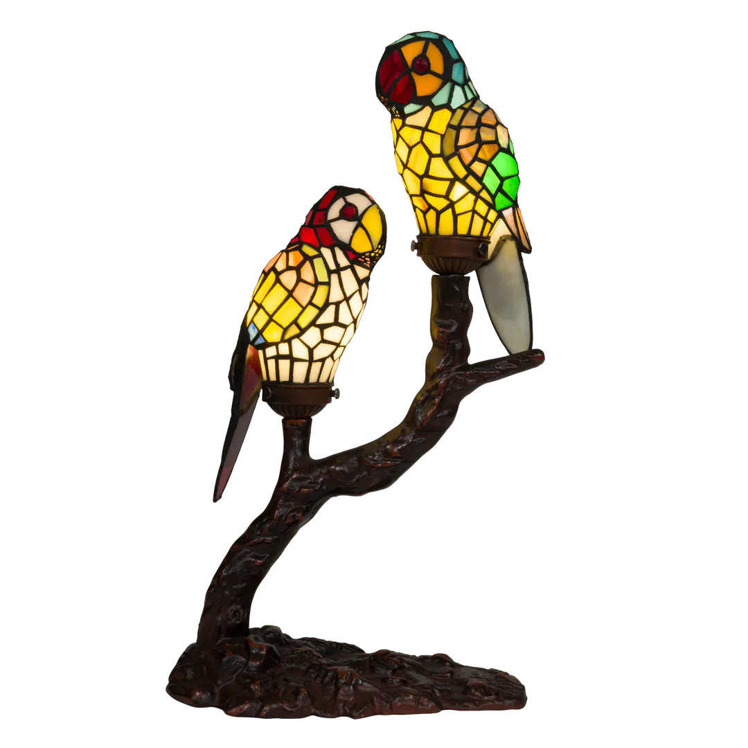 Tiffany dubbele papegaaienlamp op Boomstam – Geel, Rood & Groen – H 55 cm (Art. 8009)