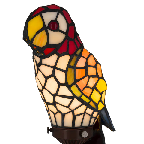 Tiffany Papageienlampe mit rotem Kopf & cremefarbener Brust – Creme, Gelb, Orange & Rot – H 36,5 cm (Art. 8011)