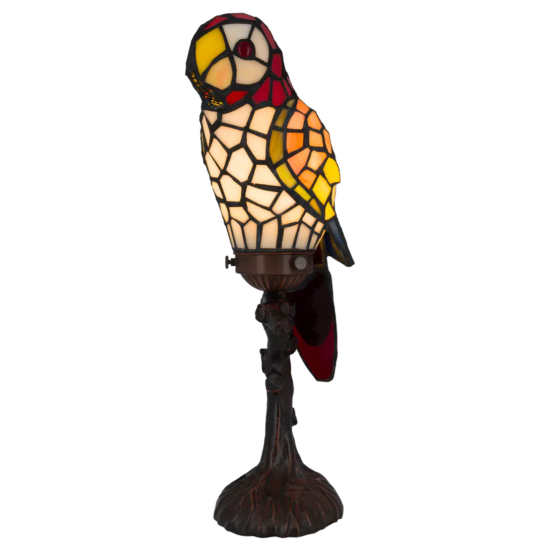 Tiffany Papageienlampe mit rotem Kopf & cremefarbener Brust – Creme, Gelb, Orange & Rot – H 36,5 cm (Art. 8011)