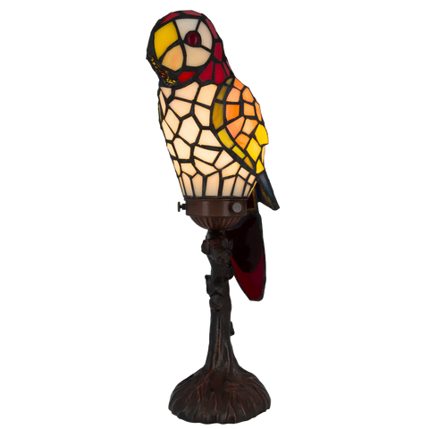 Tiffany Papageienlampe mit rotem Kopf & cremefarbener Brust – Creme, Gelb, Orange & Rot – H 36,5 cm (Art. 8011)
