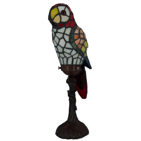 Tiffany Papageienlampe mit rotem Kopf & cremefarbener Brust – Creme, Gelb, Orange & Rot – H 36,5 cm (Art. 8011)
