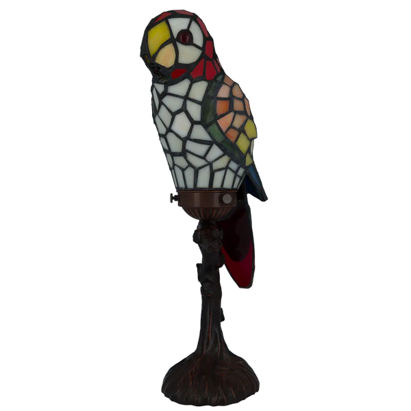 Tiffany Papageienlampe mit rotem Kopf & cremefarbener Brust – Creme, Gelb, Orange & Rot – H 36,5 cm (Art. 8011)