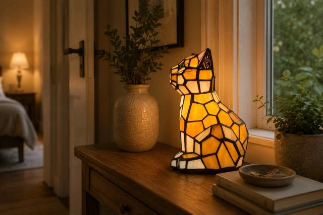 Oranje-gele Tiffany kattenlamp in zijaanzicht op een houten salontafel in een sfeervolle woonkamer | RORUVERA