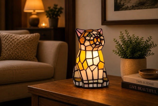Oranje-gele Tiffany kattenlamp met groene ogen op een houten salontafel in een warme woonkamer | RORUVERA