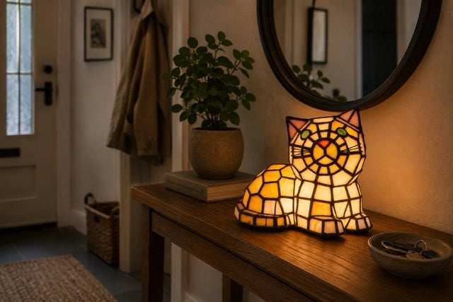 Tiffany kattenlamp in zijaanzicht op een houten halmeubel naast een vaas en spiegel | RORUVERA