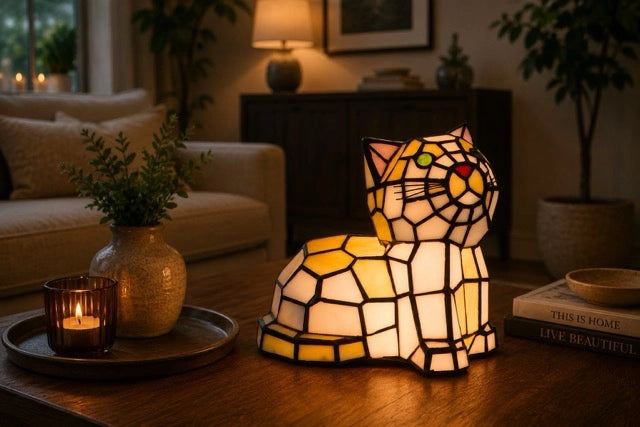 Oranje-gele Tiffany kattenlamp met groene ogen op een houten sidetable in een warme hal | RORUVERA
