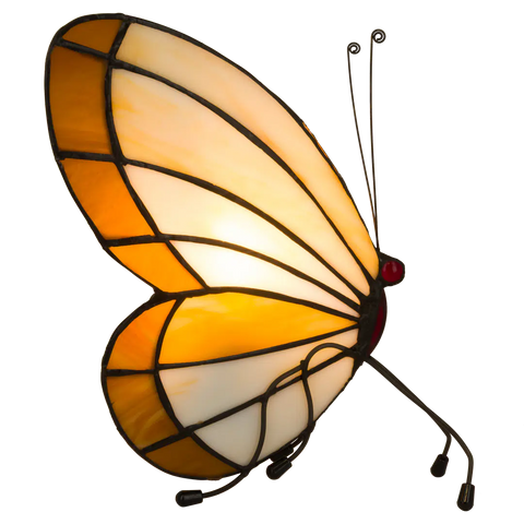 Tiffany vlinderlamp op pootjes – Licht Crème, Amber & Wit Glas – H 24 cm (Art. 8014)