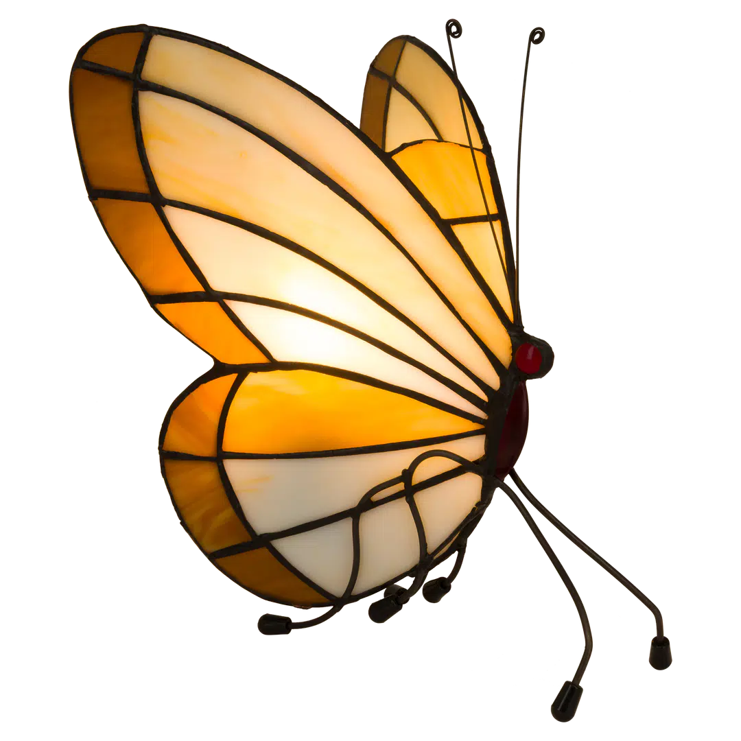Tiffany vlinderlamp op pootjes – Licht Crème, Amber & Wit Glas – H 24 cm (Art. 8014)