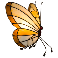 Tiffany vlinderlamp op pootjes – Licht Crème, Amber & Wit Glas – H 24 cm (Art. 8014)