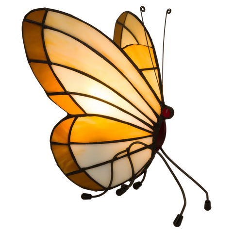 Tiffany vlinderlamp op pootjes – Licht Crème, Amber & Wit Glas – H 24 cm (Art. 8014)