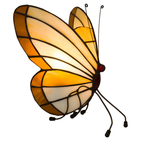 Tiffany vlinderlamp op pootjes – Licht Crème, Amber & Wit Glas – H 24 cm (Art. 8014)
