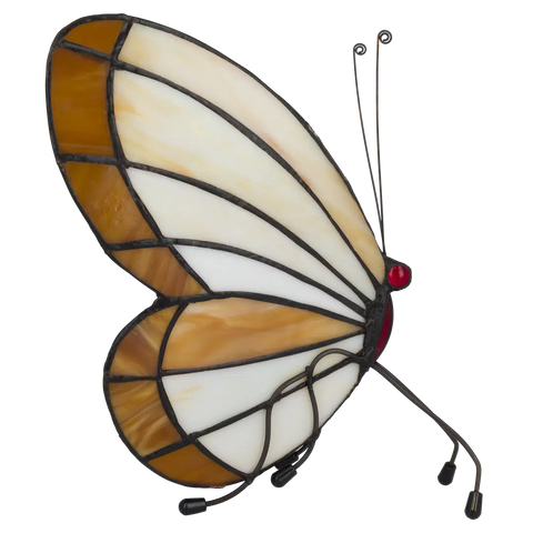 Tiffany vlinderlamp op pootjes – Licht Crème, Amber & Wit Glas – H 24 cm (Art. 8014)
