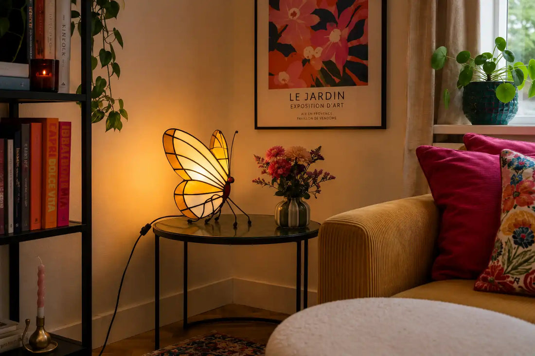 Tiffany vlinderlamp in licht crème, amber en wit glas op bijzettafel in een kleurrijke woonkamerhoek | RORUVERA