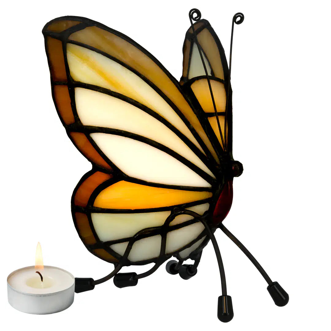Tiffany vlinder waxinelichthouder – Crème, Wit & Amber – H 14 cm (Art. 8015)