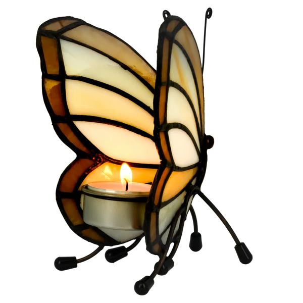 Tiffany vlinder waxinelichthouder – Crème, Wit & Amber – H 14 cm (Art. 8015)